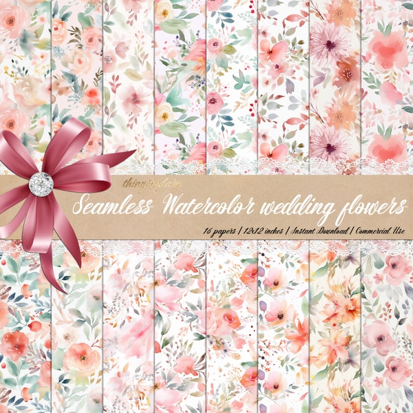 16 Seamless Wedding Ceremony Flower Digital Papers 300 dpi commercial use shabby chic Aquarelle Flowers Shabby Pink Floral wedding card