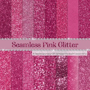 Peut inclure: Un pack de papier numérique avec 16 motifs de paillettes roses sans couture. Les motifs sont de différentes nuances de rose et ont une texture scintillante et pailletée. Le texte "Seamless Pink Glitter" est affiché sur une bannière en haut de l'image.