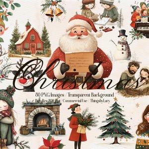 Op de afbeelding: Een set van 80 kerst-illustraties met verschillende feestelijke elementen, waaronder een kerstman die een bord vasthoudt, een sneeuwpop, een kerstboom, een open haard, een rendier, een kerk en een kerststal. De illustraties zijn in aquarelstijl en hebben een speelse, charmante uitstraling.