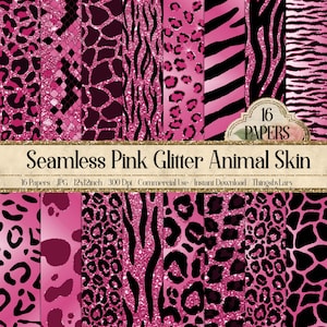 16 Seamless Pink Glitter Animal Skin Prints Digital Papers 300 dpi commercial use instant download Cheetah leopard zebra tiger snake giraffe
