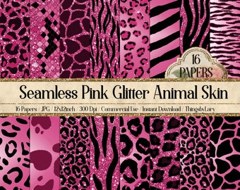 16 Seamless Pink Glitter Animal Skin Prints Digital Papers 300 dpi commercial use instant download Cheetah leopard zebra tiger snake giraffe