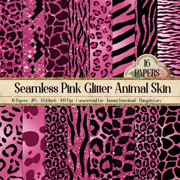 16 Seamless Pink Glitter Animal Skin Prints Digital Papers 300 dpi commercial use instant download Cheetah leopard zebra tiger snake giraffe