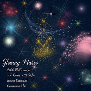 2100 Gloeiend Licht Flare Overlay Digitale Afbeeldingen in 100 Kleuren PNG Transparant 300 Dpi Instant Download Commercieel Gebruik Kaart bling sparkle