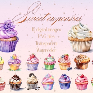 16 Cupcakes de acuarela Vol 1 Imágenes PNG Descarga instantánea Uso comercial Magdalena de rollo de canela Magdalena de bayas mixtas Magdalena de rollo de canela