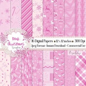 May include: A set of 16 digital papers featuring pink and white Christmas patterns. The patterns include snowflakes, candy canes, reindeer, trees, and gifts. The papers are 30.5 x 30.5 cm and 300 dpi.