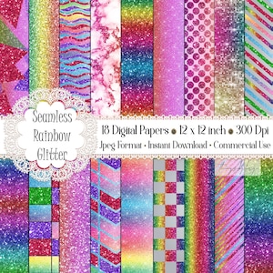 18 papeles digitales de brillo brillante arco iris sin costuras 12x12" 300 Dpi Descarga instantánea Uso comercial Scrapbook Colorful Festival Unicornio