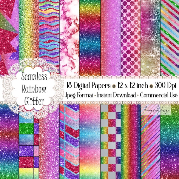 18 Seamless Rainbow Shimmering Glitter Digital Papers 12x12" 300 Dpi Instant Download Commercial Use Scrapbook Colorful Festival Unicorn