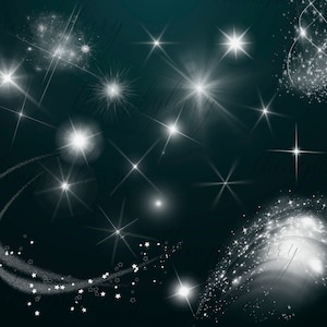 May include: Abstract digital art featuring a dark blue background with white stars and sparkling lights. The image has a dreamy, celestial feel.
