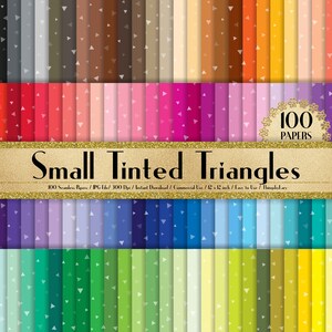 Może przedstawiać: Pakiet papieru cyfrowego ze 100 wzorami bez szwów, z małymi białymi trójkątami na różnorodnych kolorowych tłach. Tekst "Small Tinted Triangles" jest wyświetlany na złotej wstążce.