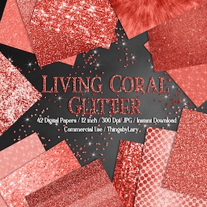 42 papéis digitais com glitter coral vivo, 12 polegadas, 300 dpi, papel planejador, uso comercial, scrapbook, coral, glitter, lantejoulas, chevron dot