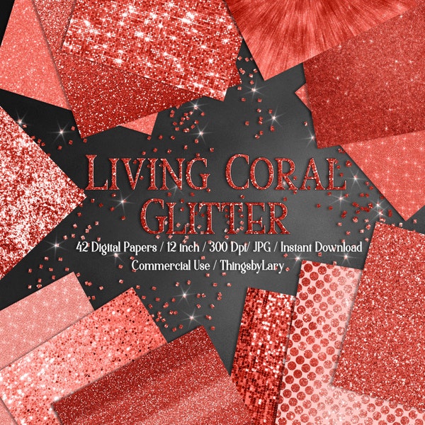 42 Living Coral Glitter Digital Papers 12 inch 300 Dpi Planner Paper Commercial Use Scrapbook Coral Glitter Bling Bling Sequin Chevron Dot