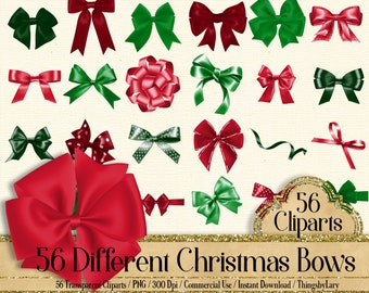 56 Christmas Bows and Ribbons Cliparts, 300 Dpi, Instant Download, Commercial Use, Christmas Gift, Digital Satin Bows, Christmas Invitation