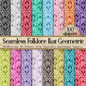 May include: 100 digital papers featuring a seamless geometric ikat pattern in various colors. Each paper is 12x12 inches and 300 dpi.
