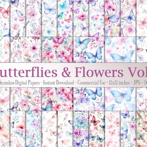 30 Seamless Watercolor Butterflies and Flowers Vol 1 Digital Papers Commercial Use pink and lilac butterflies nature meadow flowers blossom image 1