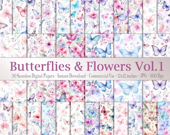 30 Seamless Watercolor Butterflies and Flowers Vol 1 Digital Papers Commercial Use pink and lilac butterflies nature meadow flowers blossom