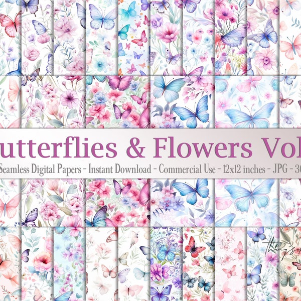 30 Seamless Watercolor Butterflies and Flowers Vol 1 Digital Papers Commercial Use pink and lilac butterflies nature meadow flowers blossom