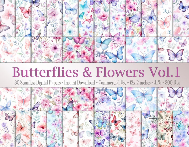 30 Seamless Watercolor Butterflies and Flowers Vol 1 Digital Papers Commercial Use pink and lilac butterflies nature meadow flowers blossom image 1