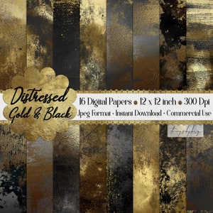 16 Distressed Metallic Gold Foil and Black Digital Papers 12" 300 Dpi Planner Paper Scrapbook Digital Artistic Grunge Gold Paint Gold Marble