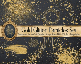 70 Gold Glitter Particles Set PNG Overlay Images Commercial Use Dusty gold particles Glittering dust tail glitter fluid splash brush strokes