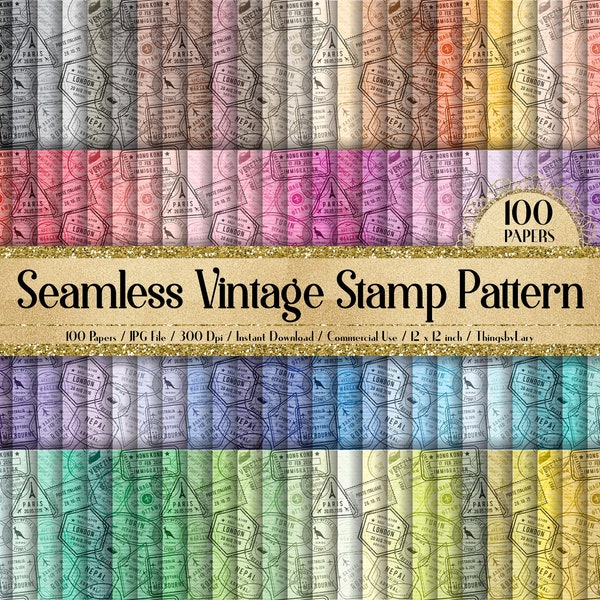 100 Seamless Vintage Postage Stamp Pattern Digital Papers 12x12" 300 Dpi Commercial Use Instant Download Printable Ephemera Travel Mark Old