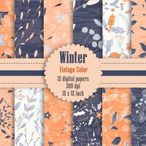 12 Winter Floral Digital Papers in Vintage Theme Color in 12 inch, Instant Download, High Resolution 300 Dpi, Commercial Use