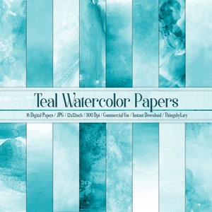 16 Teal Watercolor Texture Papers in 12inch, 300 Dpi Planner Paper, Scrapbook Paper, Ombre Paper, Digital Artistic Paper, Watercolor Painted