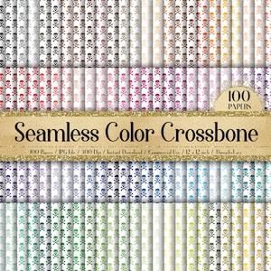May include: A set of 100 digital papers featuring a seamless pattern of white skull and crossbones on a variety of colored backgrounds. The papers are 12 inches by 12 inches and 300 dpi.