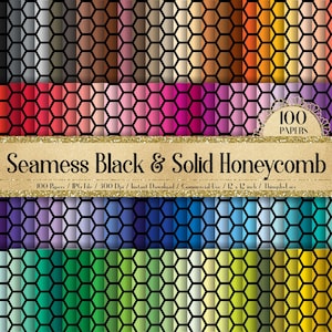 May include: A set of 100 digital papers featuring a seamless black and solid honeycomb pattern in various colors. The papers are 12 x 12 inches and 300 DPI.