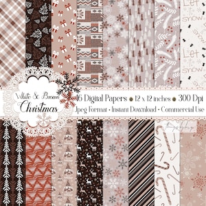16 Seamless White & Brown Christmas Digital Papers 12&quot; 300 Dpi Instant Download Commercial Use Snowflakes Star Snow Winter Holiday Pattern