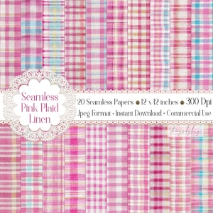 Könnte beinhalten: Zwanzig digitale Papierdesigns mit einem rosa-weißen Karomuster mit Leinenstruktur. Jedes Design ist 30,48 cm x 30,48 cm groß und hat 300 DPI. Die Papiere sind im JPEG-Format und zum sofortigen Download und für kommerzielle Zwecke bestimmt.