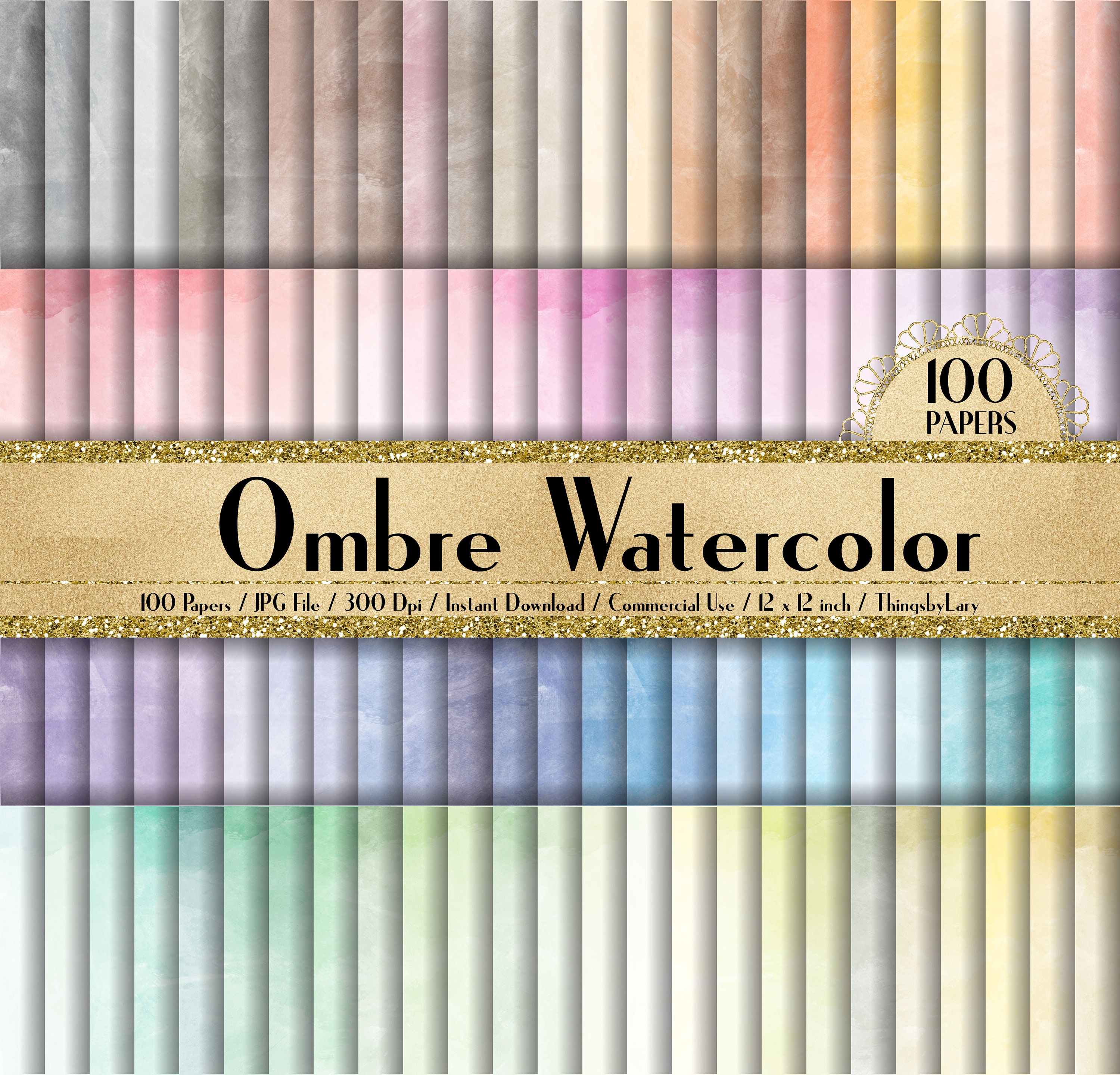 100 Ombre Watercolor Texture Papers in 12" x 12", 300 Dpi Planner Paper, Commercial Use, Scrapbook Papers,Ombre Watercolor,Texture Papers