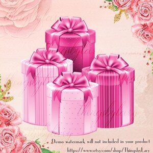 May include: Four pink gift boxes with pink ribbons and bows. The boxes are stacked on top of each other. The boxes are decorated with stripes and polka dots.