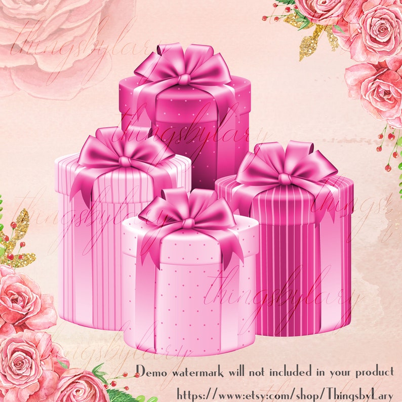 May include: Four pink gift boxes with pink ribbons and bows. The boxes are stacked on top of each other. The boxes are decorated with stripes and polka dots.