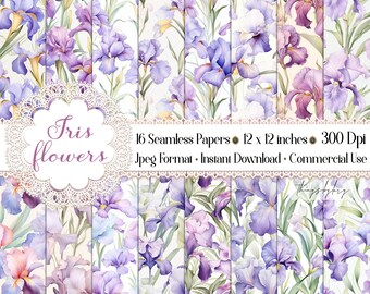 16 Seamless Watercolor Iris Flower Digital Papers Commercial Use Watercolor Iris Shabby Chic Botanical Daffodils greeting card illustrations