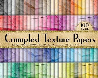 May include: A set of 100 digital paper textures featuring crumpled paper in various colors. The papers are 12 x 12 inches and 300 dpi.  The text "Crumpled Texture Papers" is displayed on a gold banner.