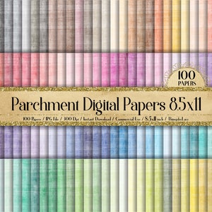 May include: A set of 100 digital papers featuring a parchment texture in various pastel colors. The papers are 8.5x11 inches and 300 dpi.  The text "Parchment Digital Papers 8.5x11" is displayed on a gold banner.