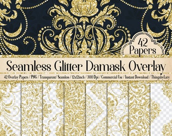 42 Gold Glitter Seamless Damask Ornament Overlays 12inch Transparent PNG Instant Download Commercial Use Gold glitter print damask seamless