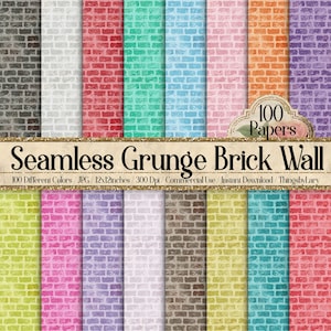Może przedstawiać: Pakiet papierów cyfrowych z 100 różnymi kolorowymi, bezszwowymi wzorami ceglanych ścian w stylu grunge. Każdy wzór ma rozmiar 12x12 cali i 300 dpi. Na obrazie widnieje tekst "100 Papers" i "Seamless Grunge Brick Wall".