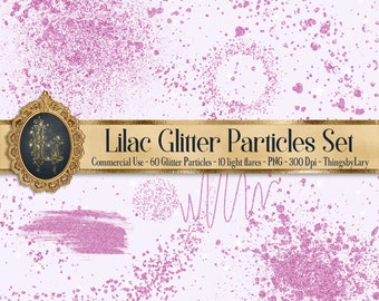 70 Lilac Glitter Particles Set PNG Overlay Images Commercial Use Dusty lilac lavender particles fairy dust tail fluid splash brush strokes