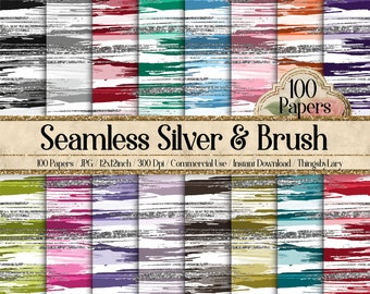 100 Seamless Silver Glitter and Brush Stroke Digital Papers 12x12" 300 Dpi Planner Paper Scrapbook Printable Journal Paper Card Making Paint