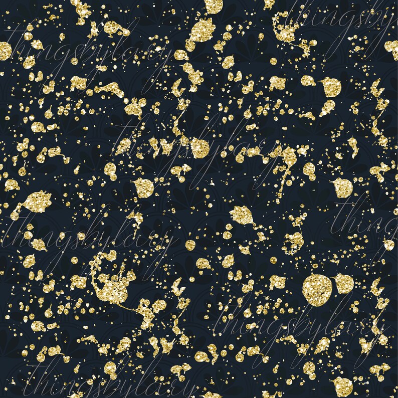 May include: A seamless pattern with a dark blue background and gold glitter splatters. The pattern is repeated throughout the image.
