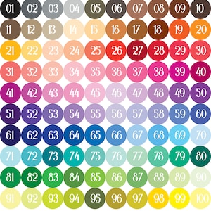 Könnte beinhalten: Eine Farbkarte mit 100 verschiedenen Farbtönen, nummeriert von 01 bis 100. Die Farben reichen von Schwarz bis Weiß, mit Schattierungen von Grau, Braun, Rot, Orange, Gelb, Grün, Blau, Lila und Rosa.