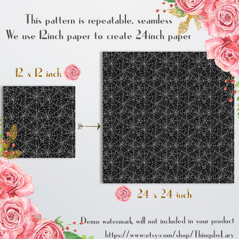 May include: A digital paper design featuring a seamless pattern of white spiderwebs on a black background. The pattern is shown in two sizes: 12 inches by 12 inches and 24 inches by 24 inches. The text "This pattern is repeatable, seamless. We use 12inch paper to create 24inch paper" is also included in the image.
