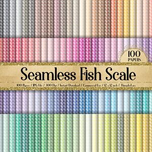Puede incluir: Un paquete de papel digital con 100 patrones de escamas de pez sin costuras en varios colores. Los patrones son de 30,48 cm por 30,48 cm y 300 dpi. El texto "Seamless Fish Scale" se muestra en una pancarta dorada.