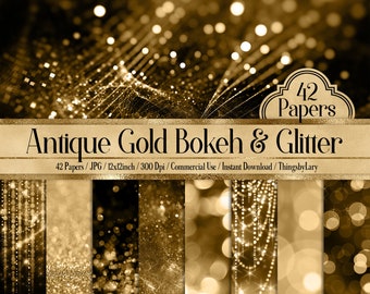 42 Antique Gold Bokeh and Glitter Papers 12 inch 300 Dpi Instant Download Commercial Use, Planner Paper, Scrapbook Gold Kit, Real Gold Paper