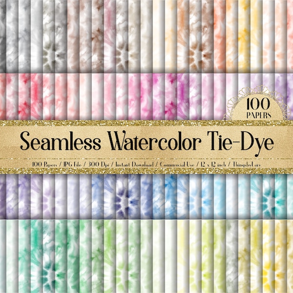 100 Seamless Watercolor Tie Dye Texture Digital Papers 12" Planner Paper Commercial Use Instant Download Hippie 60s Pattern Tie Dye Swirls