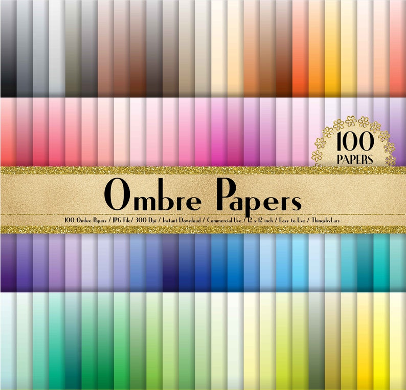 100 Ombre Color Papers in 12 inch, 300 Dpi Planner Paper, Commercial Use, Scrapbook Paper,Rainbow Paper,100 Digital Papers, Ombre Background image 1