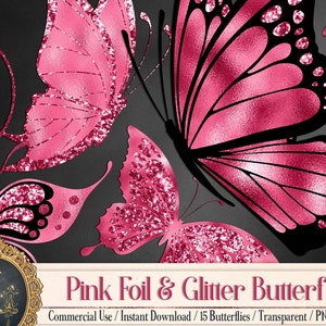 30 Rosa Folie und Glitzer Schmetterlinge Digitale Bilder PNG300 Dpi Sofortiger Download Kommerzielle Nutzung Metallic Hochzeit Karte Herstellung Fliegender Schmetterling