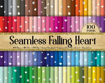 May include: A set of 100 digital papers featuring a seamless pattern of white hearts falling on a variety of colored backgrounds. The papers are 12 inches by 12 inches and 300 dpi.