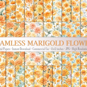 May include: 30 digital papers featuring seamless patterns of marigold flowers in shades of yellow and orange on a white background. The papers are 12x12 inches and 300 dpi.